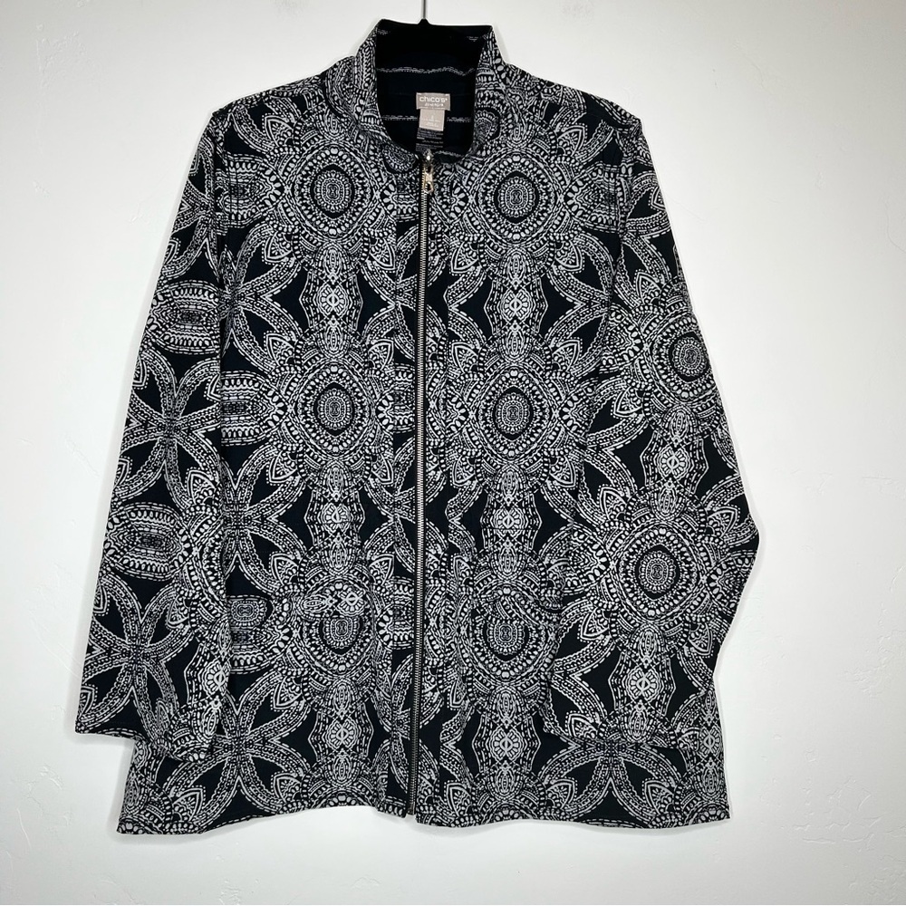 Chicos Zenergy Navy White Reversible Pattern Lightweight Jacket SZ 12/14 Spring